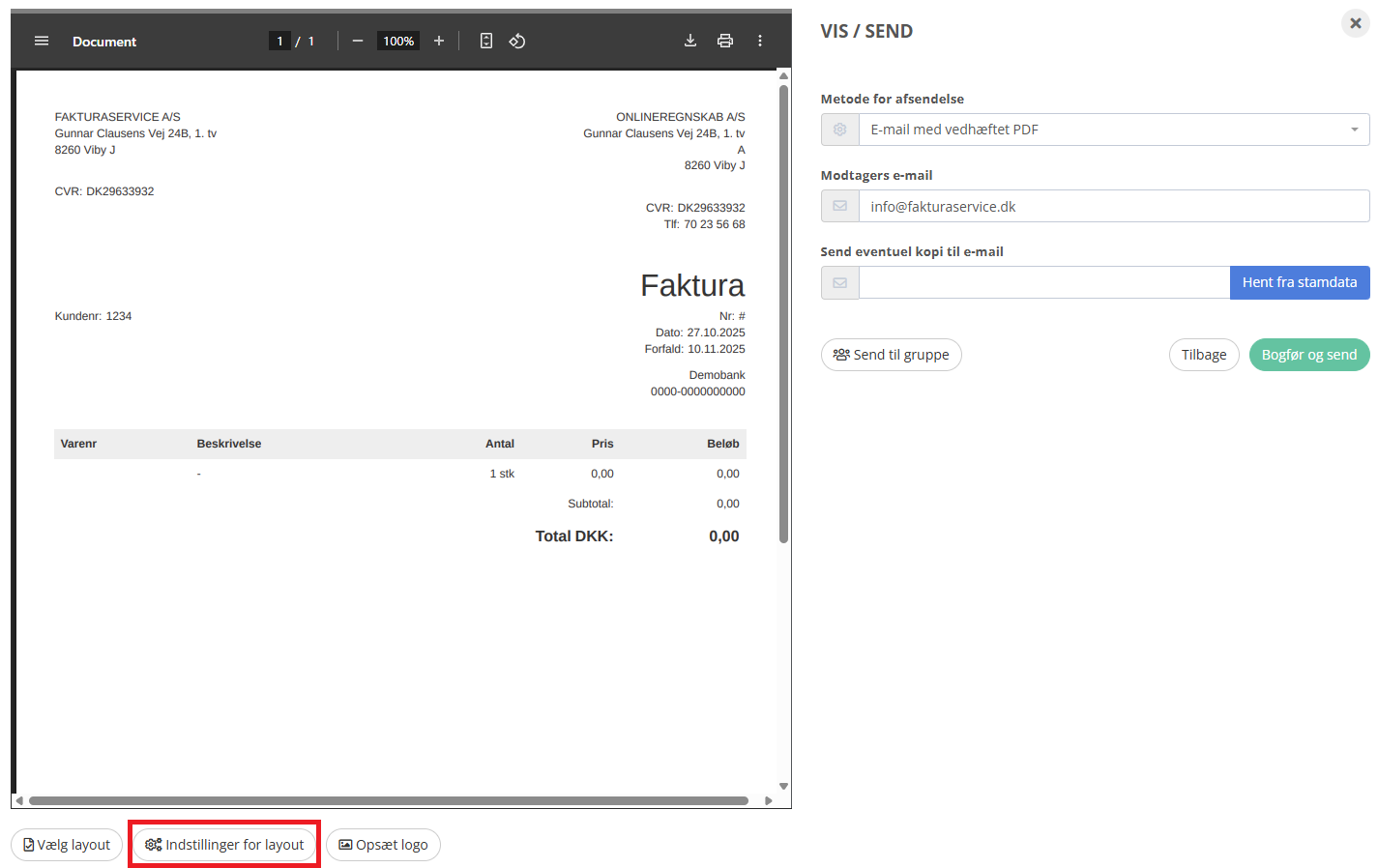 På siden VIS / SEND for en fakturakladde trykkes knappen Indstillinger for layout