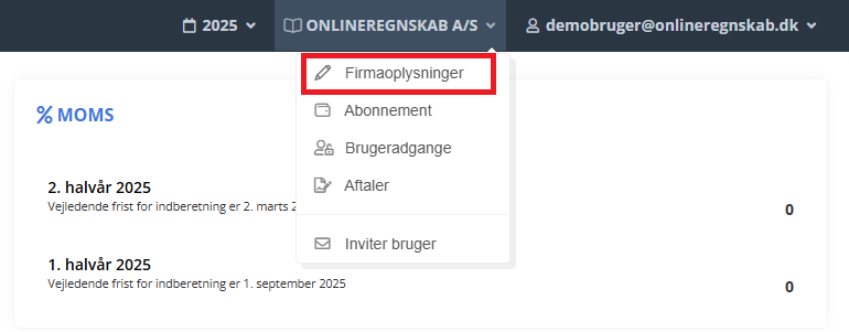 Gå ind under Firmaoplysninger via menuen i toppen