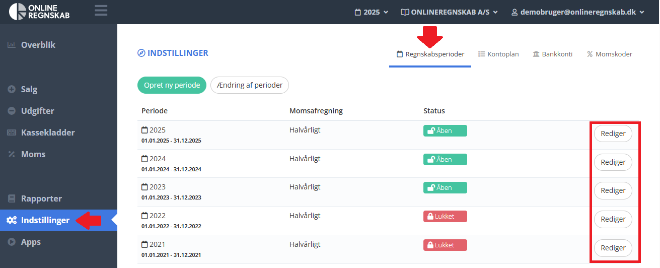 Gå til opsætning af indberetningsfrekvens af moms for de enkelte regnskabsperioder