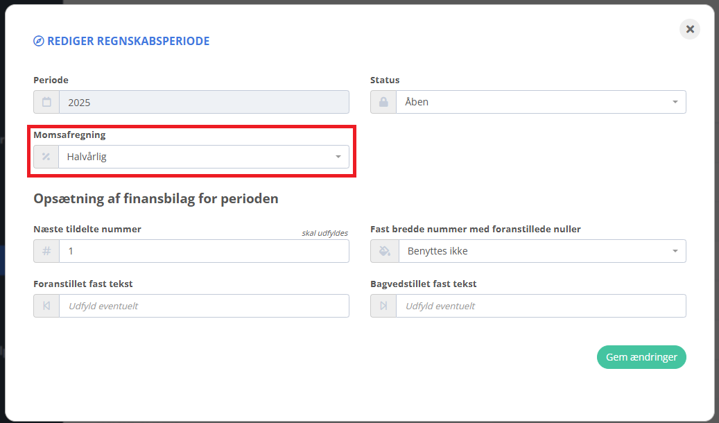 Skift frekvens for momsindberetning i feltet Momsafregning